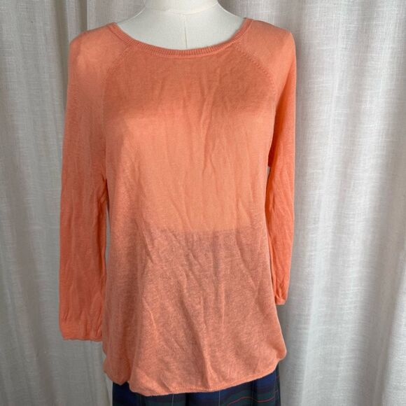 Sheer Peach Linen Blend Sweater w/ Back Buttons Chic Layering - Picture 2 of 16